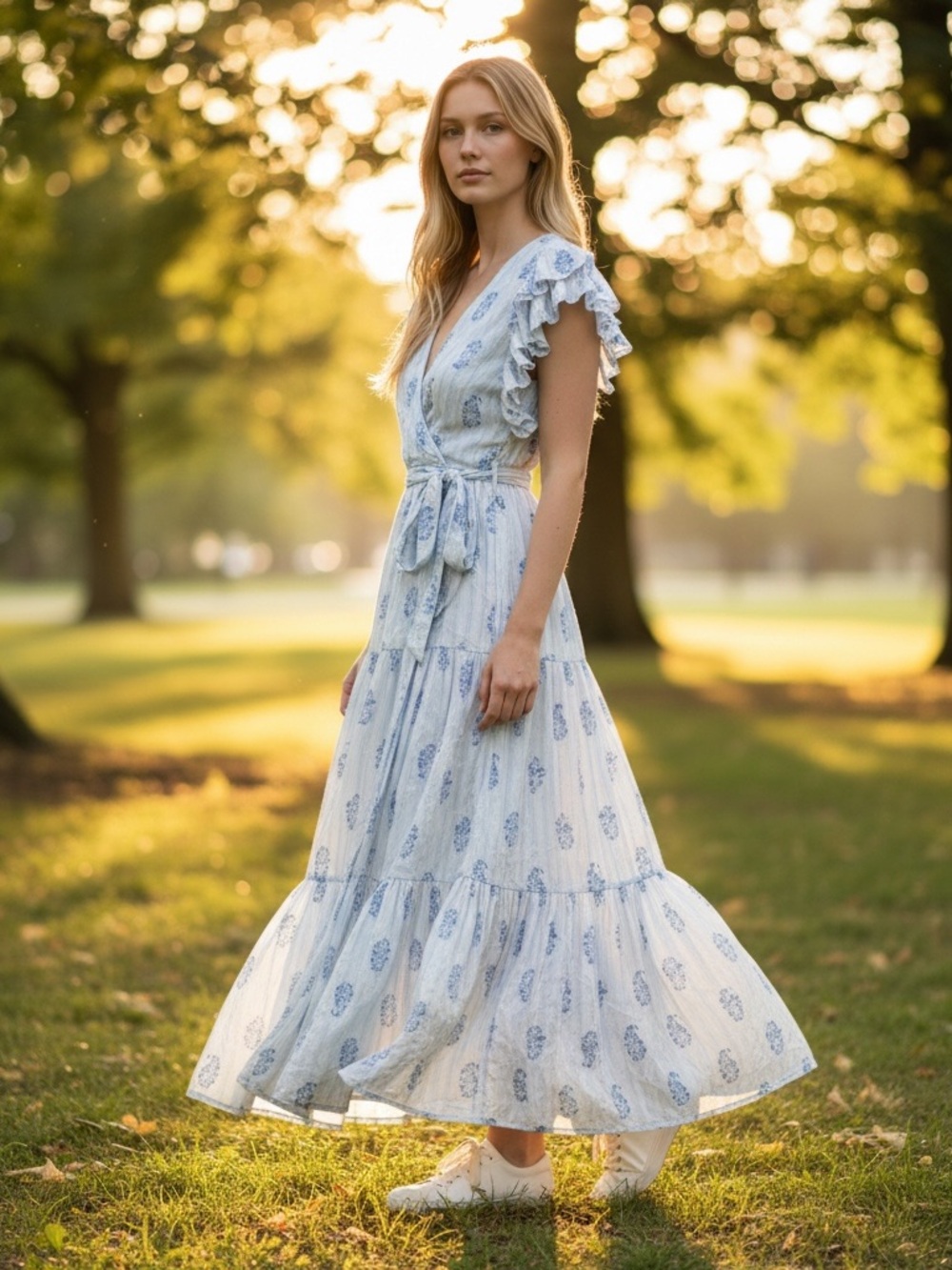 A Loves A Maxi Dress NWT Blue White Cotton Tiered Flutter Ruffle Sleeve XL NEW
